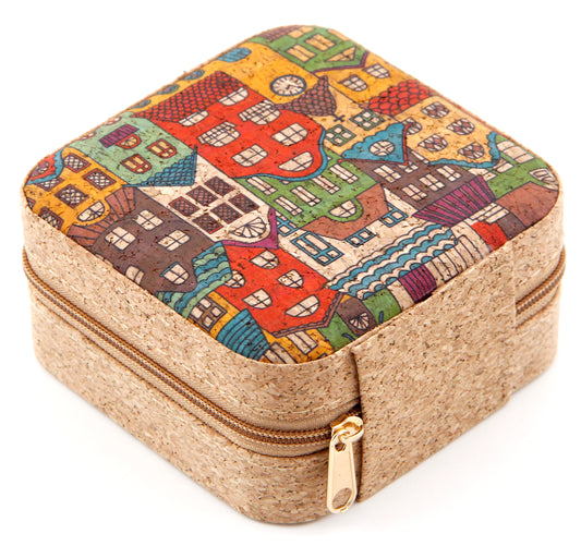 Cork Jewelry Box Square-Whimsical Townscape