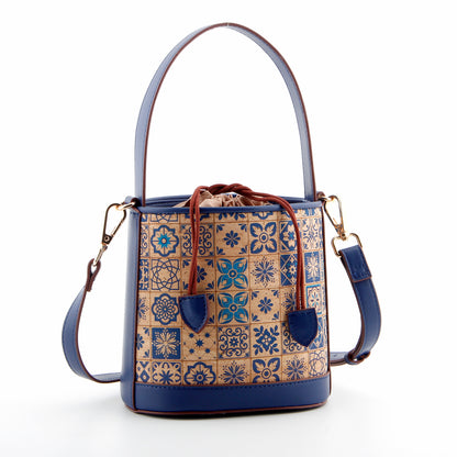 Cork Printed Small Bucket Bag-Blue Ceramic