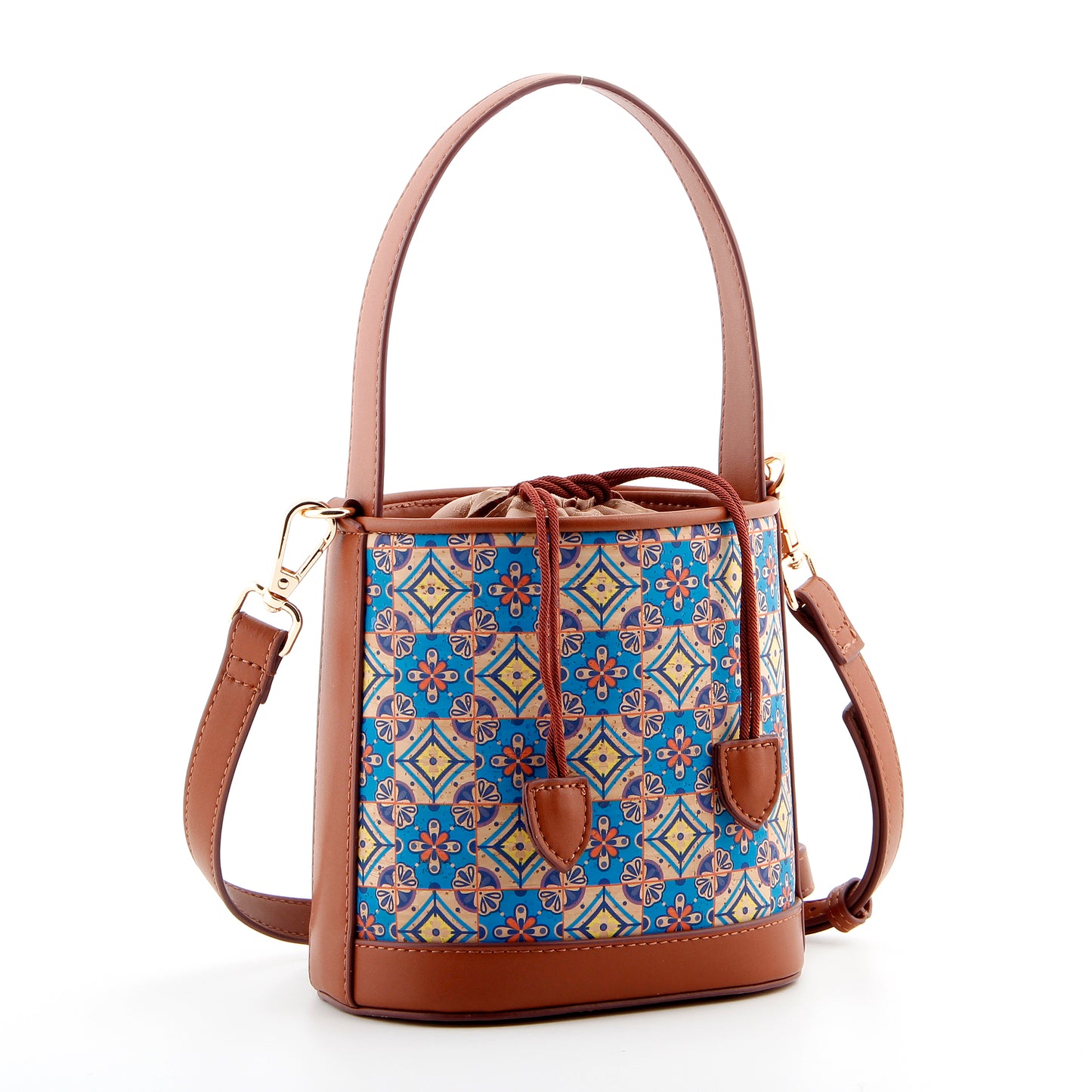 Cork Printed Small Bucket Bag-Azure Mosaic
