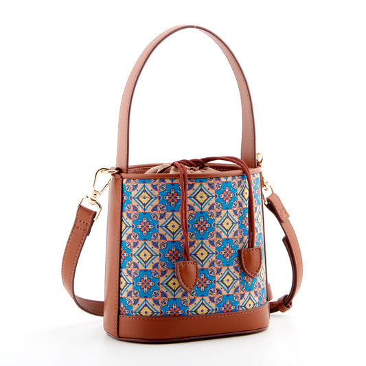 Cork Printed Small Bucket Bag-Azure Mosaic