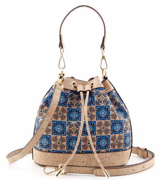 Soft Drawstring Bucket Bag-Blue Delft Grid