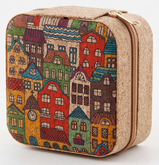 Cork Jewelry Box Square-Whimsical Townscape